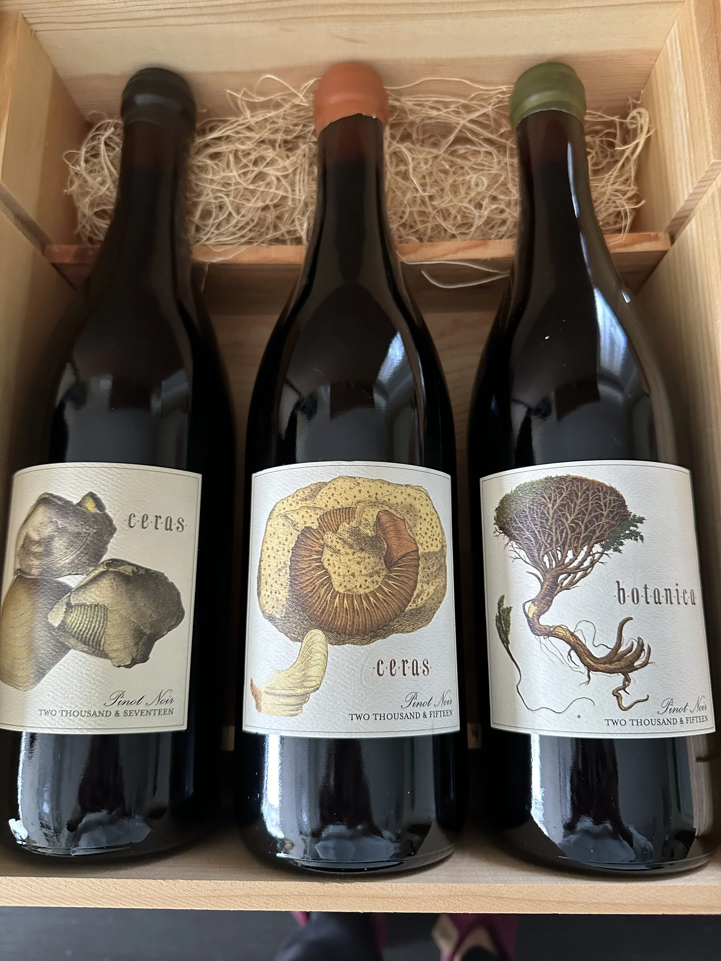 Three bottles of Pinot Noir wine with botanical-themed labels in a wooden box.