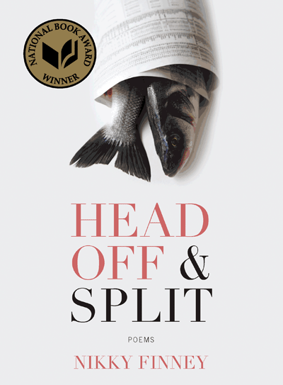 Book cover of "Head Off & Split" by Nikky Finney featuring a fish head coming out of a newspaper.