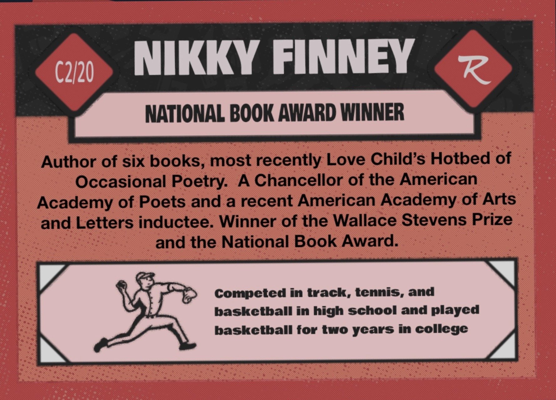 A sports award card features the name 'Nikky Finney' at the top.