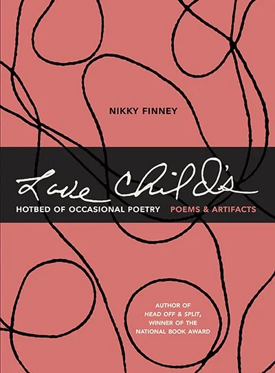 Book cover titled 'Love Child's' by Nikky Finney, with black line drawings on a pink background and black and white text.