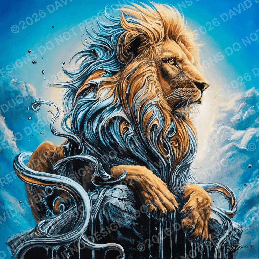 A detailed artwork of a majestic lion with a flowing mane, sitting on a rocky surface against a blue sky with clouds and small floating spheres.