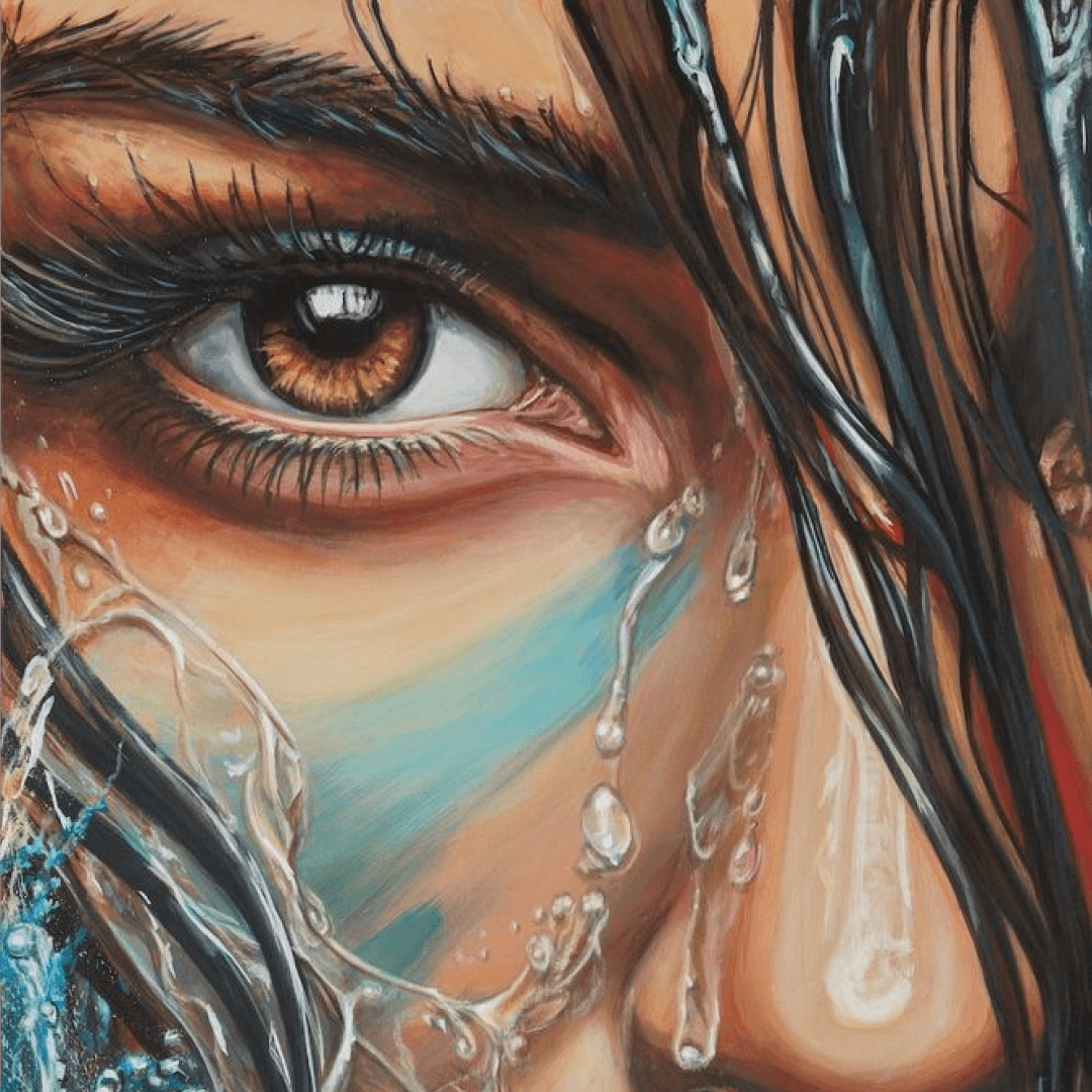 A close-up of a person's eye with water dripping down their face, with detailed eyelashes, brow, and wet hair.