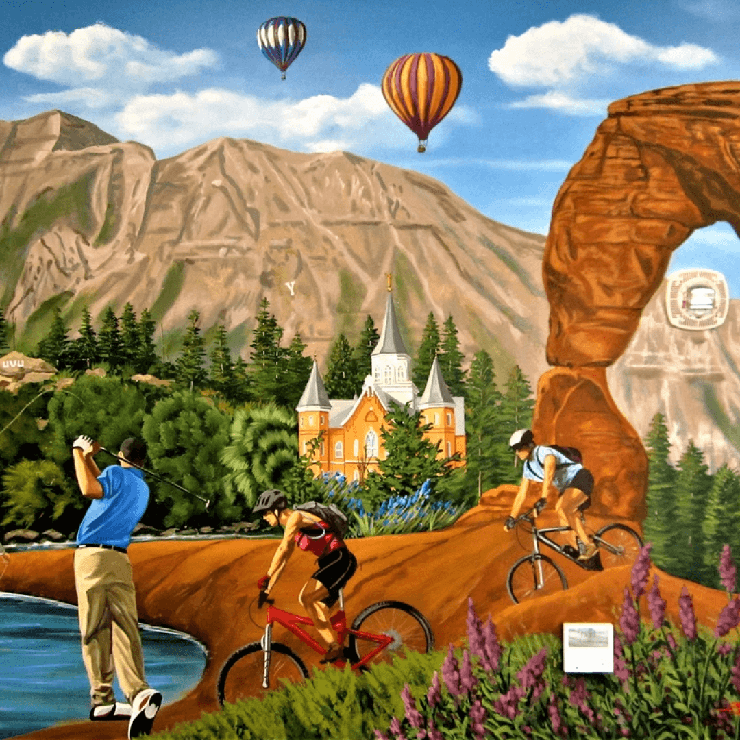 A painted scene with mountains, a church, hot air balloons, and people biking and playing golf on a mountain trail.