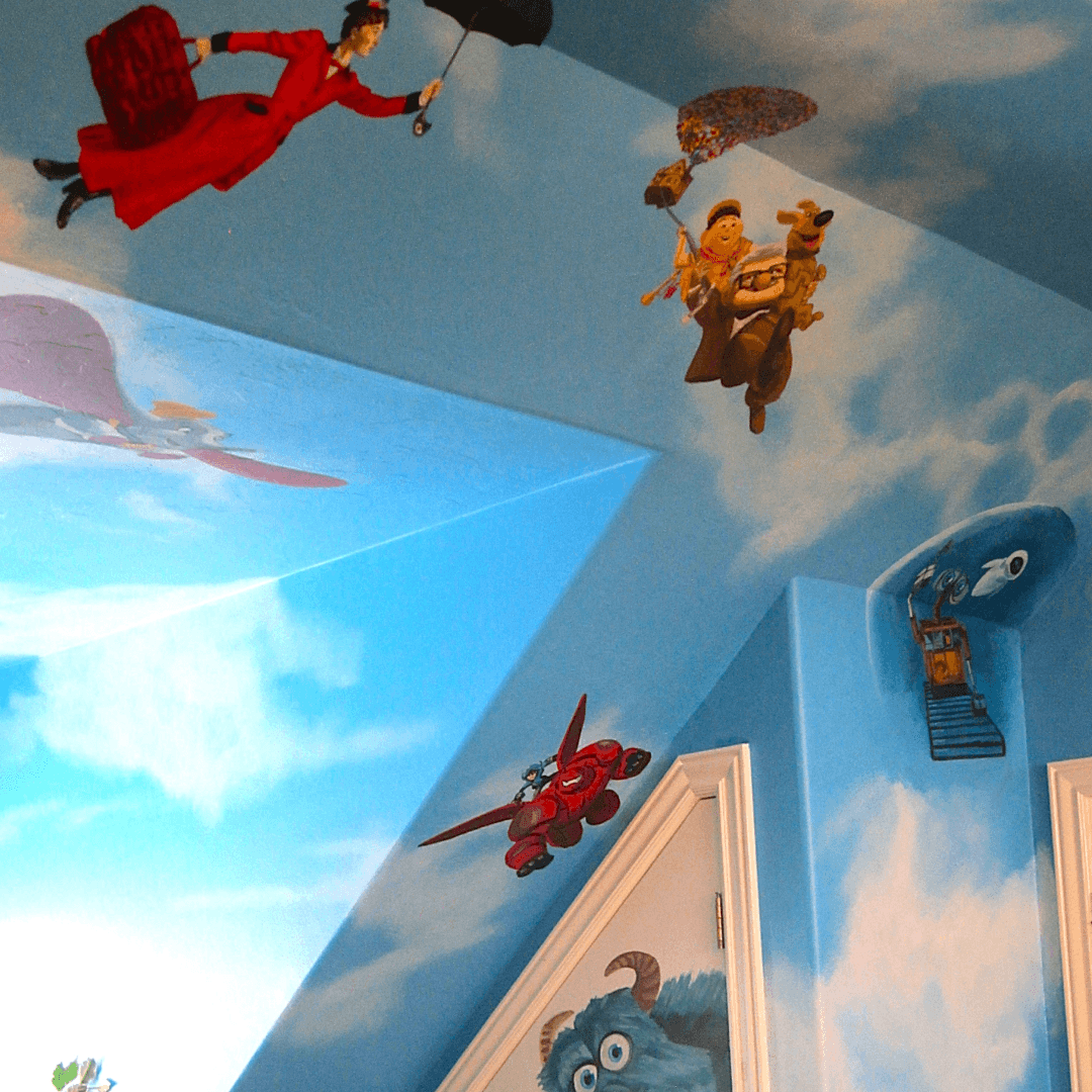 Ceiling mural with characters from animated movies, including a woman with a red dress and umbrella, a boy with a dog and leaf, a red airplane, and a blue monster, against a sky background.