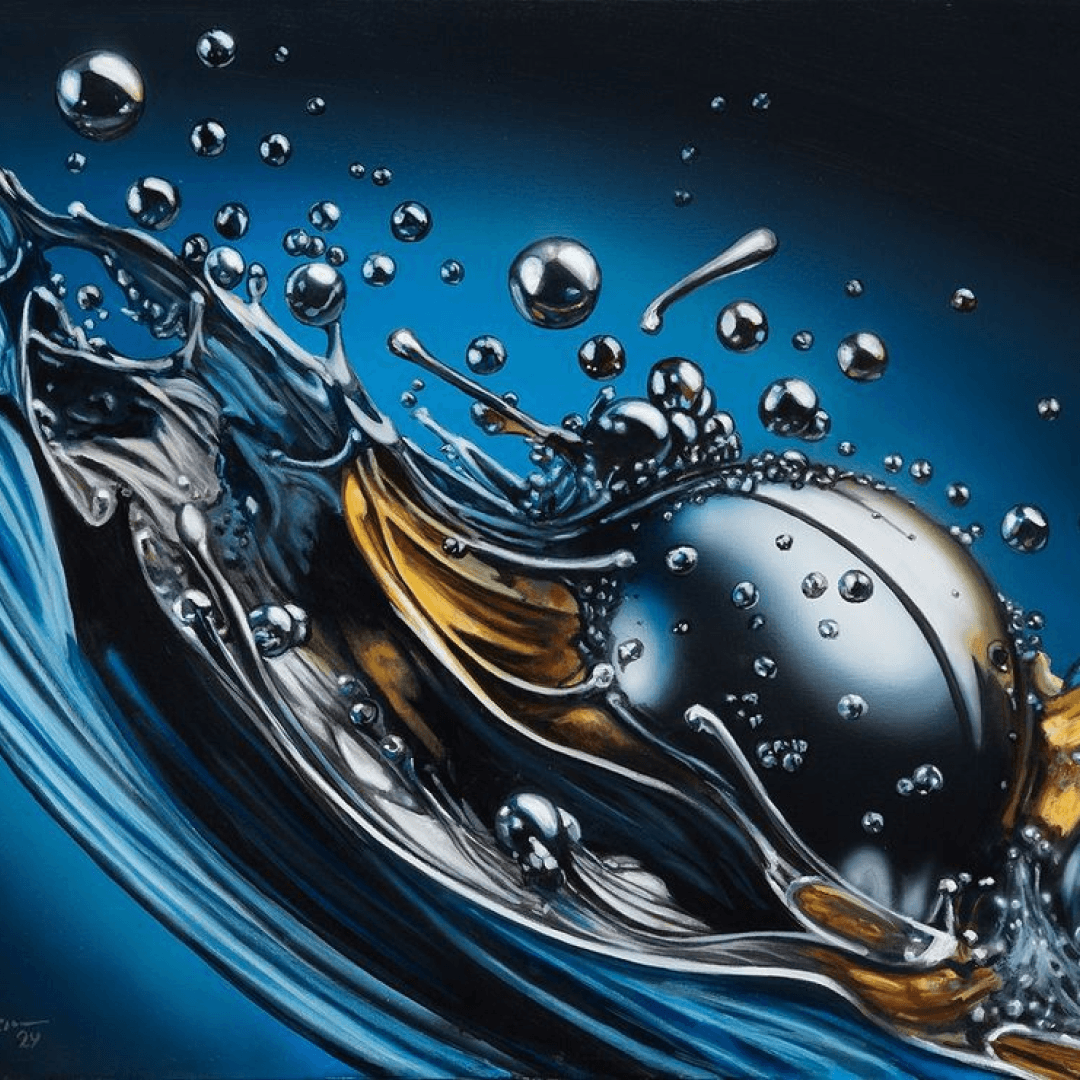 Close-up of a metallic, reflective object immersed in water, creating bubbles and splash effects with a dark and blue background.