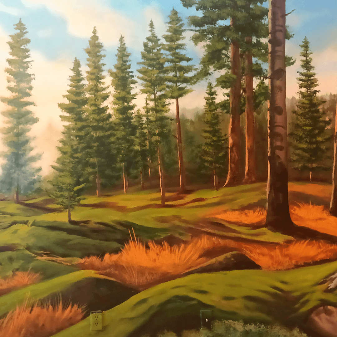 Painting of a forest with tall pine trees and green grass, with some orange-brown patches on the ground and a blue sky with clouds.