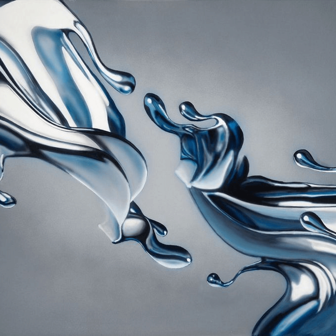 Abstract digital artwork featuring swirling, metallic blue and silver liquid-like shapes against a gray background.