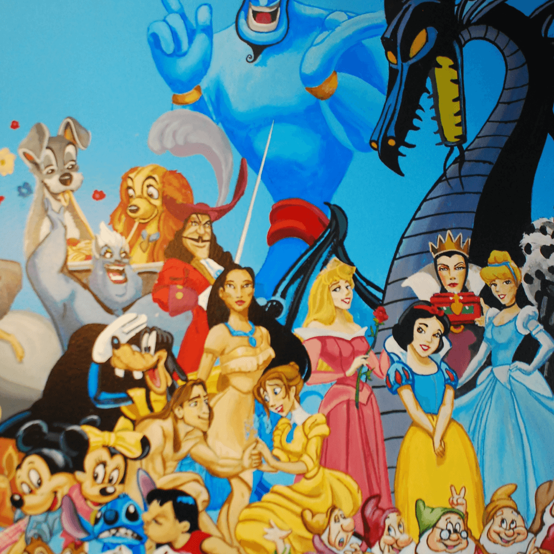 Colorful mural of Disney characters including Aladdin, Jasmine, Sleeping Beauty, Snow White, Cinderella, Maleficent, Alice, the White Rabbit, Mickey Mouse, Goofy, and others.