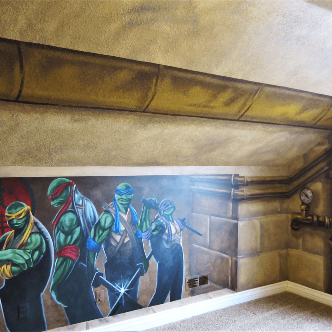 A mural of the Teenage Mutant Ninja Turtles painted on a basement wall, featuring four turtles with bandanas and weapons, in a sewer setting.
