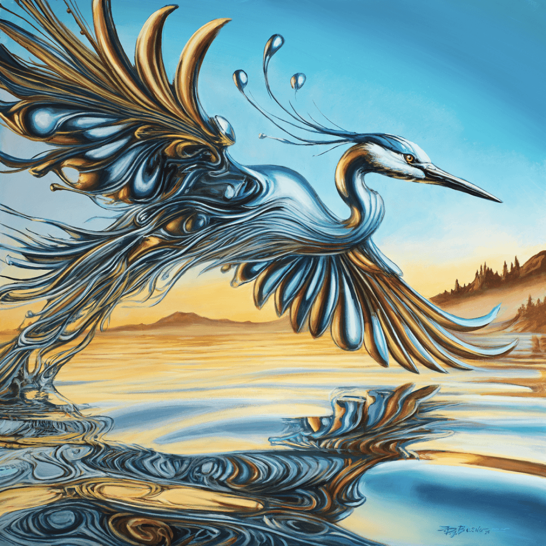 A surreal painting of a heron with feathers blending into abstract flowing patterns, standing in a body of water at sunset with mountains in the background.