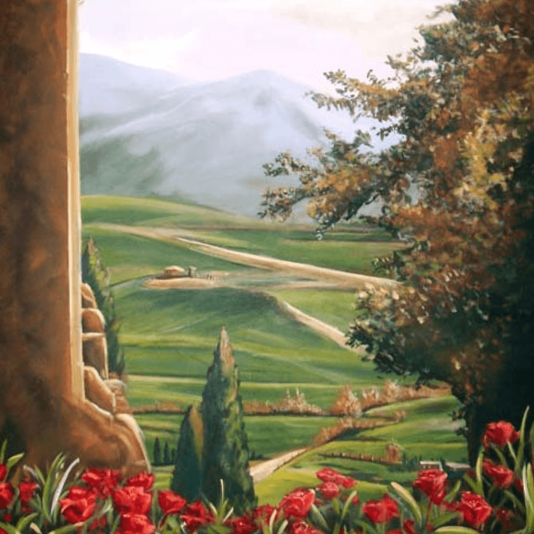 Landscape painting of rolling green hills, winding dirt roads, tall cypress trees, and distant mountains, viewed from a window with red flowers in the foreground.