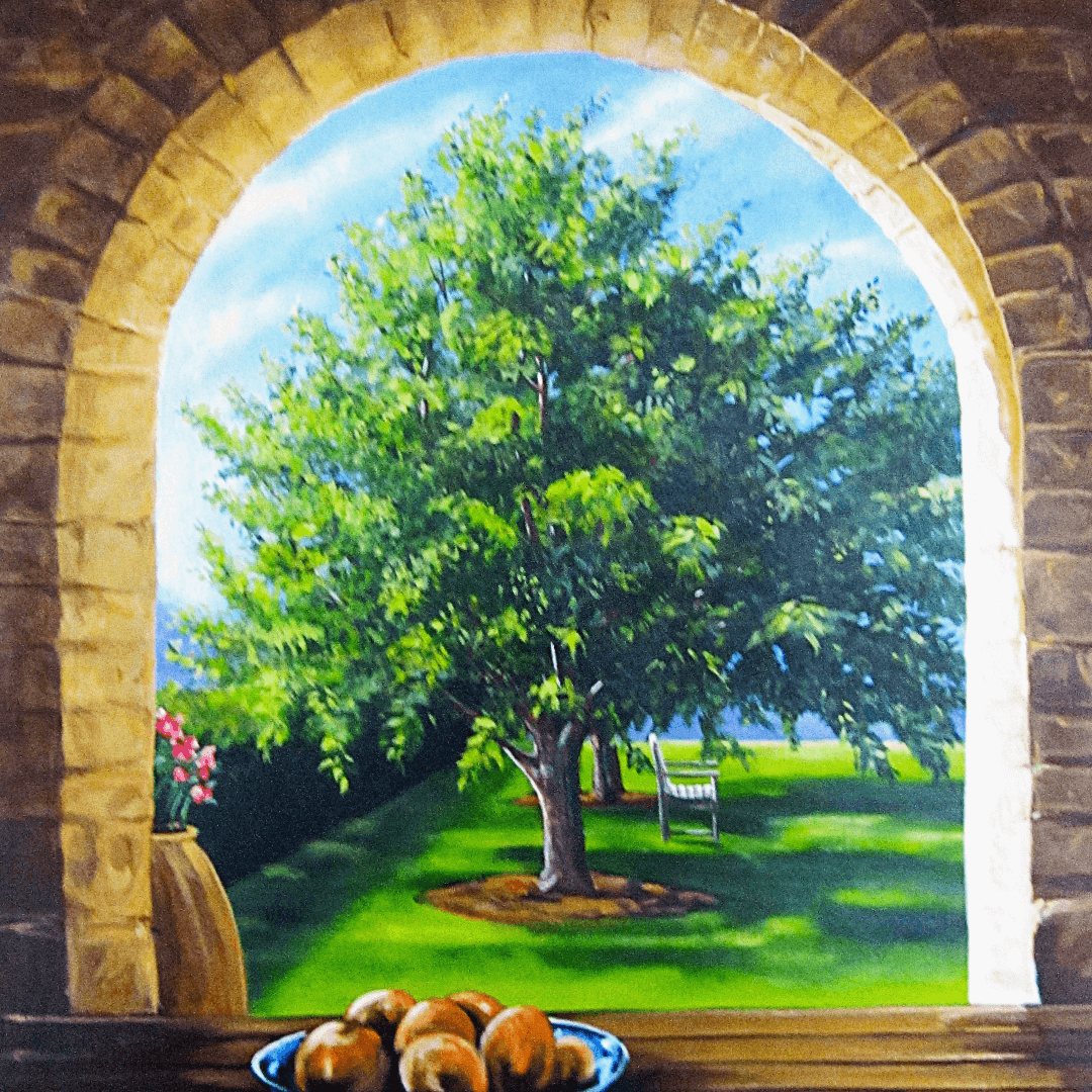 Painting of a lush tree in a garden with a swing hanging from a branch and a bench, viewed through an arched stone window, with a bowl of fruit in the foreground.