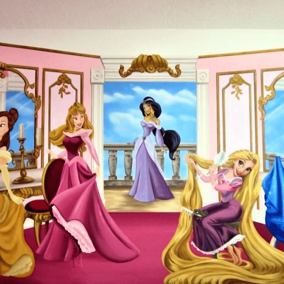 The scene depicts a royal chamber with four Disney princesses, including Aurora, Rapunzel, and others, in a cartoon style. The room has pink walls, gold accents, and a balcony with a view of a blue sky with clouds.