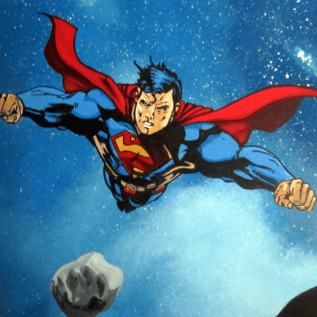 Comic book illustration of Superman flying in space with stars and a large asteroid in the background.