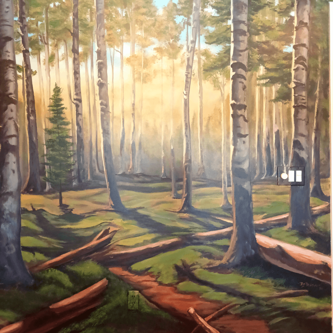 A forest scene painting showing tall trees with sunlight filtering through the leaves, moss-covered ground, and fallen logs on a dirt path.