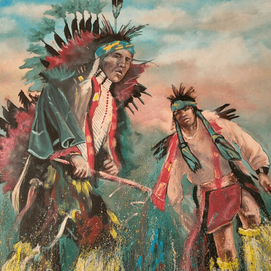 Painting of two Native American men wearing traditional clothing and headdresses, standing in a natural landscape with a sky background.