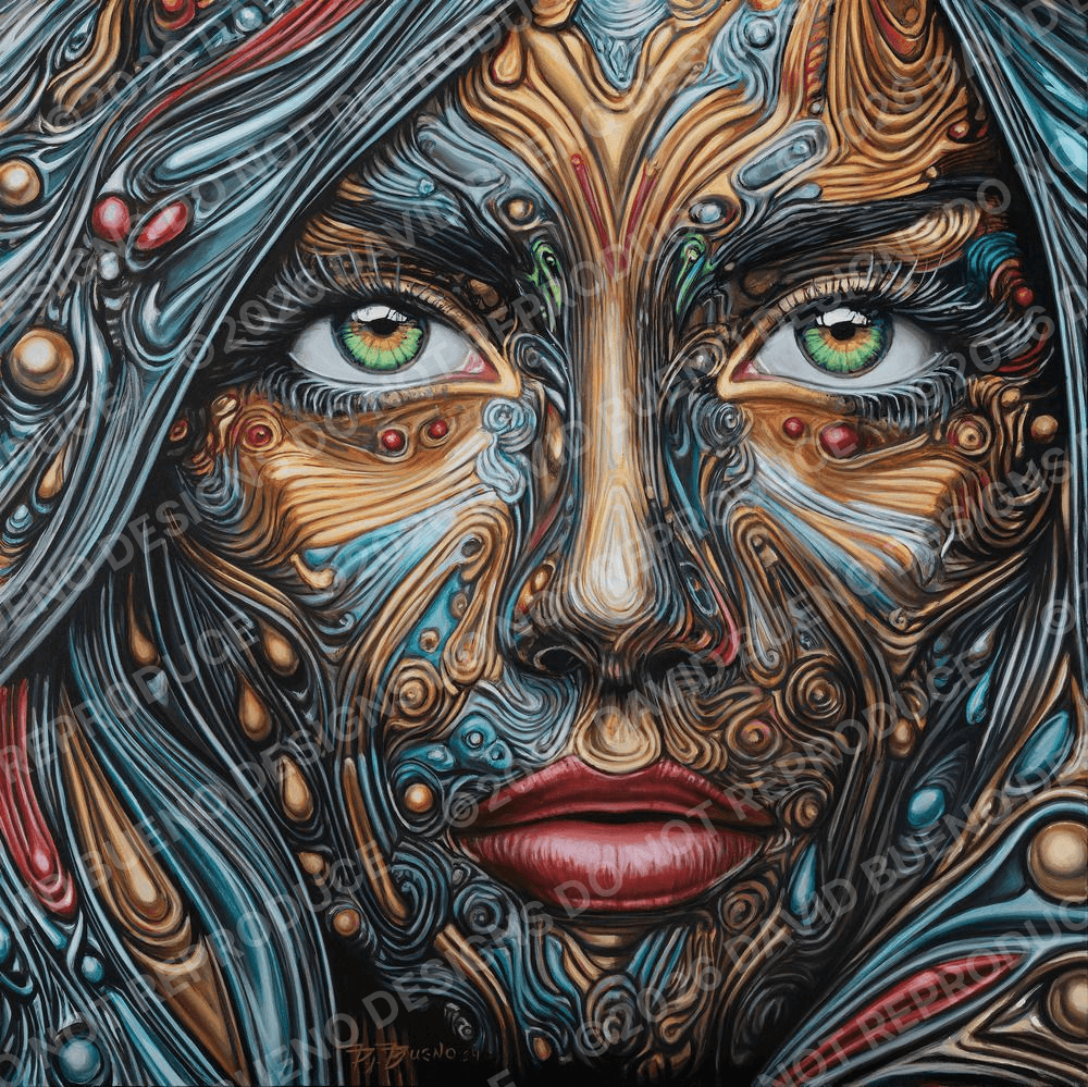 Intricately patterned portrait painting of a woman's face with piercing green eyes, rendered in swirling teal, gold, and copper ribbon-like linework across the skin