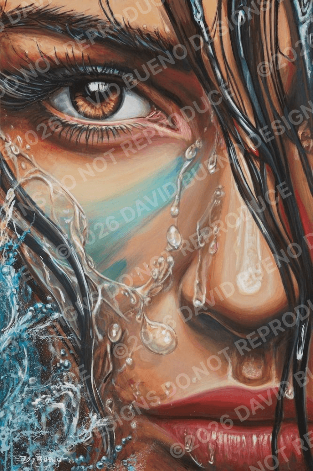 A detailed painting of a woman's face, focusing on her eye with brown iris, surrounded by long eyelashes. The face is partially covered with water and droplets, with her wet hair cascading down. Her lips are red and slightly parted.
