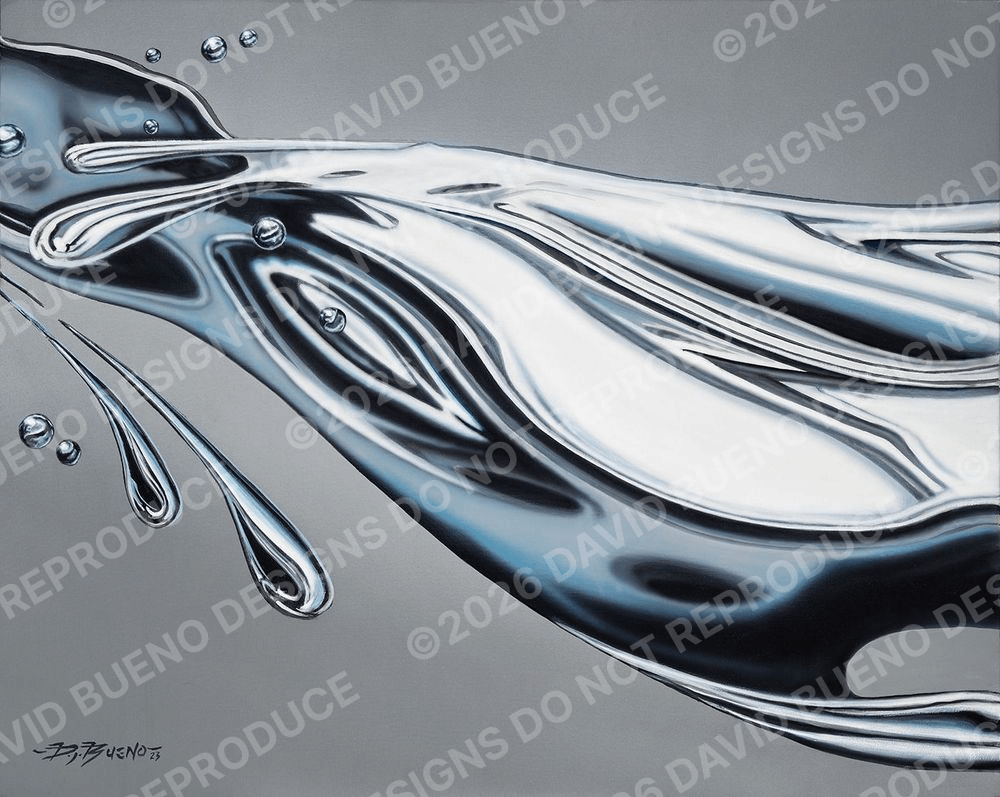 A close-up of a shiny, metallic, and reflective abstract sculpture or art piece with fluid, organic shapes and droplets.