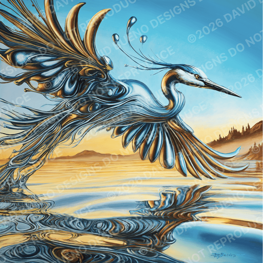 A surreal painting of a mythical bird flying over water with reflections, with a landscape of mountains and trees in the background. The bird has elaborate feathers and artistic flowing lines.