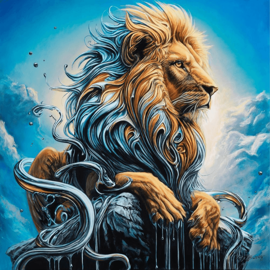 Artwork of a majestic lion with a flowing mane, sitting on a rock against a blue sky with clouds.
