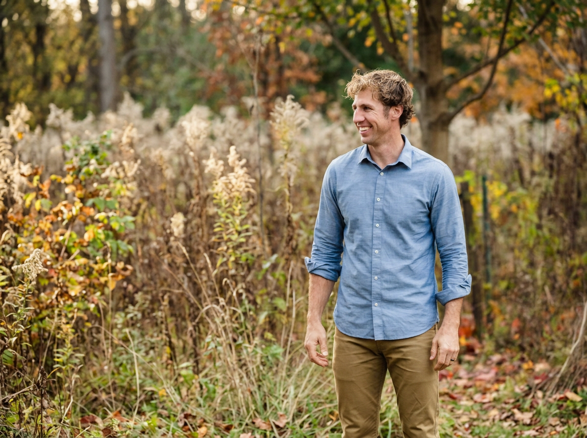 A man with light brown curly hair smiling and walking outdoors in a park during fall, wearing a light blue button-up shirt with sleeves rolled up and khaki pants, surrounded by autumn foliage.