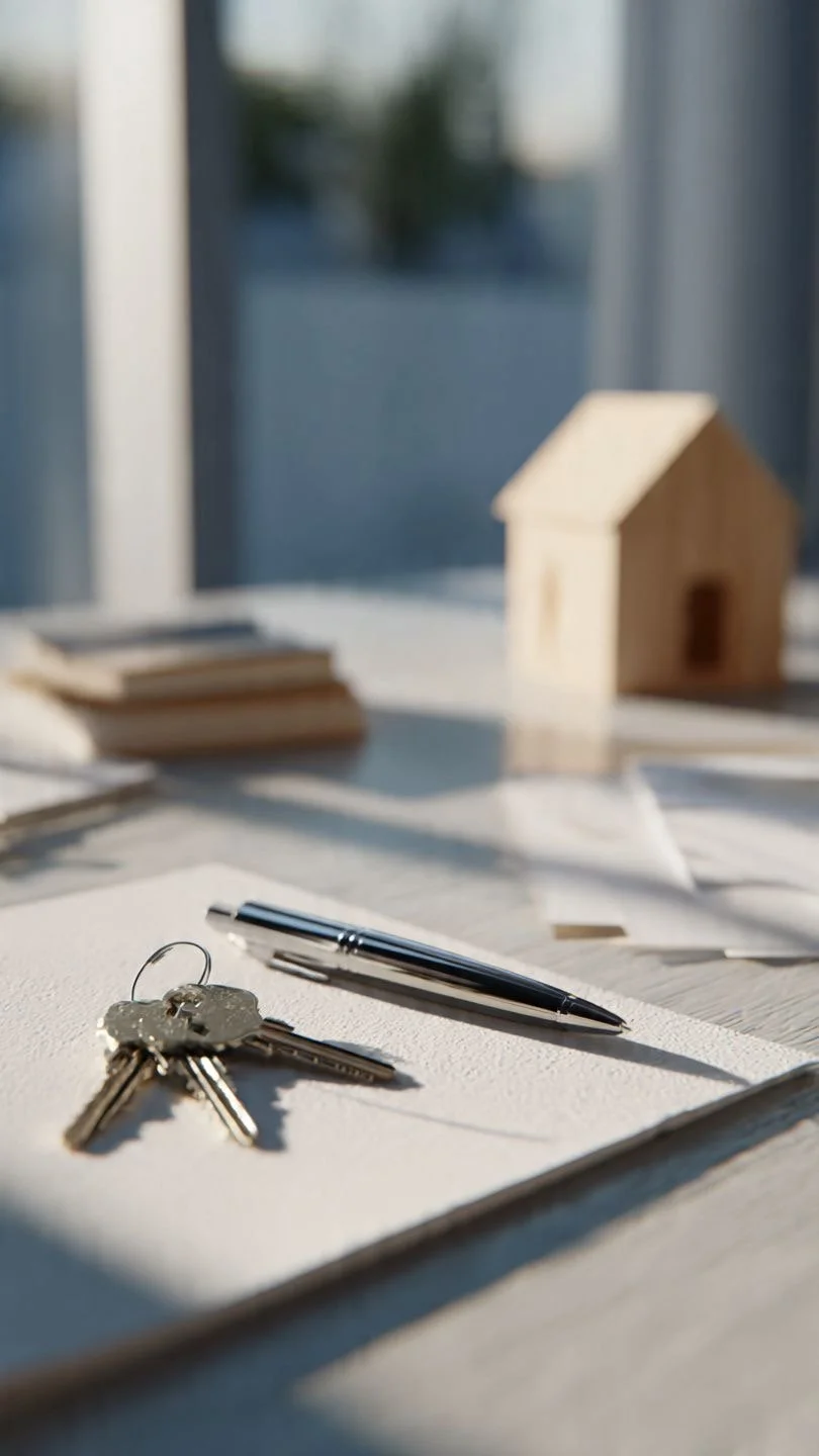 Keys and a pen on paper, with a small wooden house model in the background, on a white surface near a window with sunlight.