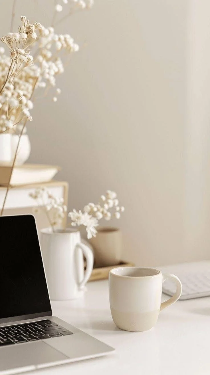 A workspace with a laptop, a white mug, and a white vase with dried white flowers on a white surface with a neutral background.