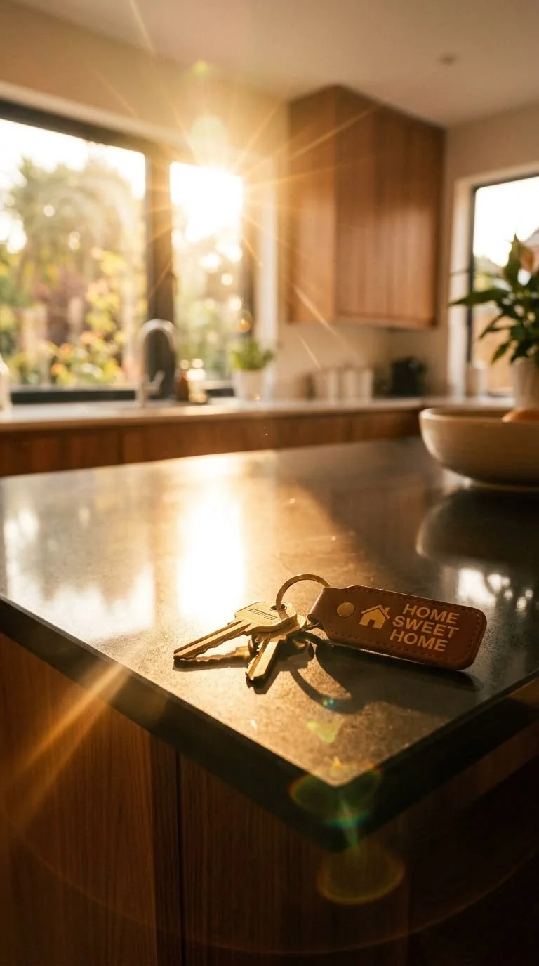 A set of keys on a kitchen countertop with sunlight shining in from the window.