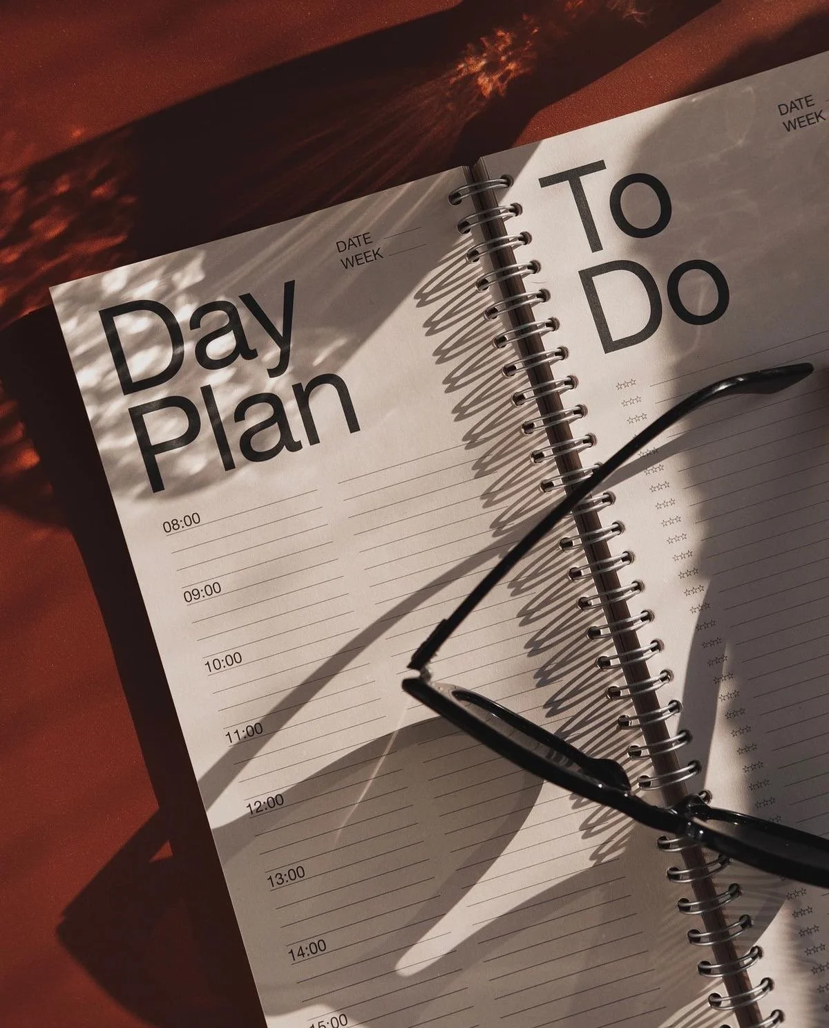 Open daily planner with hourly schedule from 8:00 AM to 3:00 PM, a to-do list, and a pair of black glasses placed on top. The planner is on a wooden surface with light creating shadows.