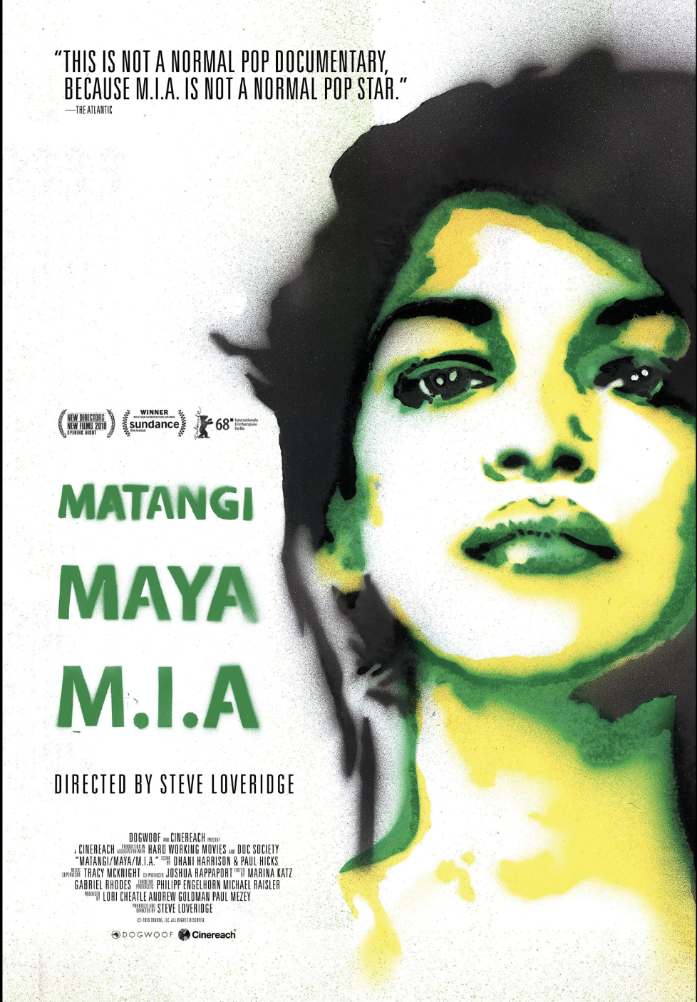Poster for the documentary film 'Matangi Maya M.I.A.' featuring a stylized portrait of M.I.A. with colorful green and yellow tones. The poster includes quotes, awards, and credits.