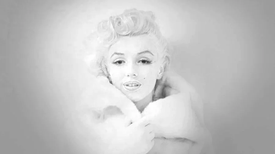 A black and white portrait of a woman with vintage hairstyle and makeup, wearing a fur or fluffy coat or accessory.