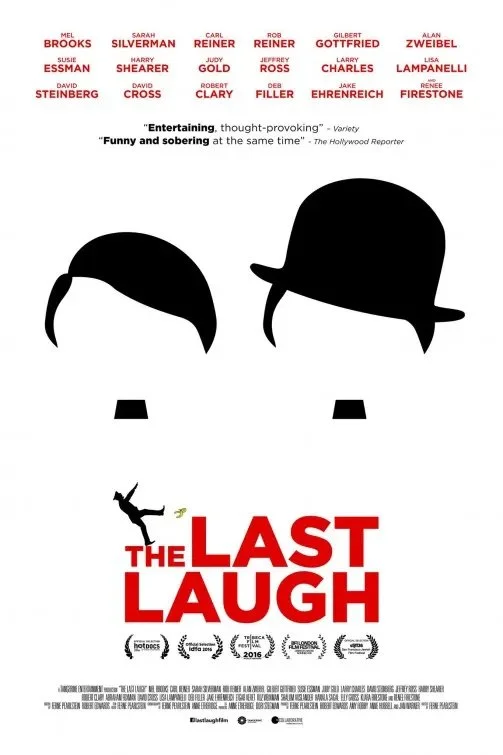 Poster for the film "The Last Laugh" featuring two black silhouette bowler hats above a stylized figure kicking in the air. The title in bold red and black letters with quotes praising the film. List of cast members at the top.