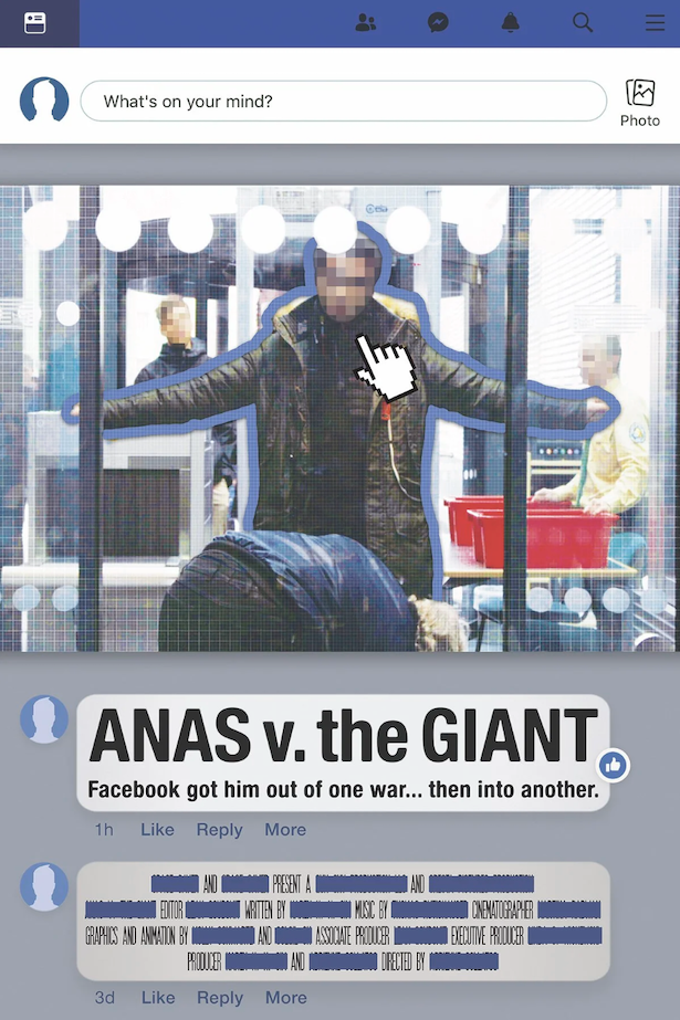 A person standing with arms outstretched, inside a glass enclosure in a busy public space. The photo appears to have been posted on Facebook with a caption referencing a humorous or creative competition titled "ANAS v. the GIANT," with a subtitle about Facebook involving a war. Other individuals are seen in the background through the glass, and some text is obscured or stylized.
