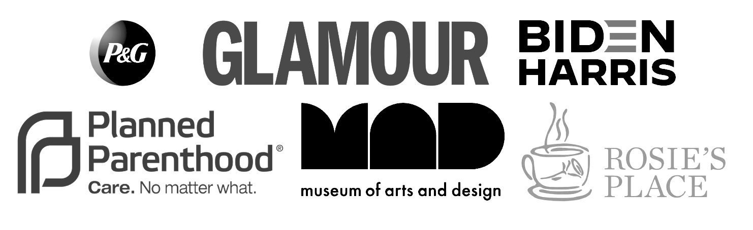 Collection of logos from various organizations including P&G, Glamour, Biden Harris, Planned Parenthood, Museum of Arts and Design, Rosie’s Place, and MOD.