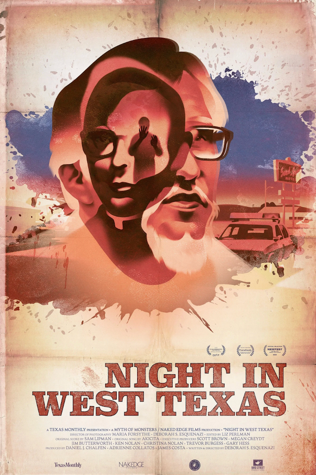 Movie poster for the documentary 'Night in West Texas' featuring illustrated faces James Harry Reyos and Father Patrick Ryan set against blood splatter ink splatter desert representing oil fields of West Texas and New Mexico