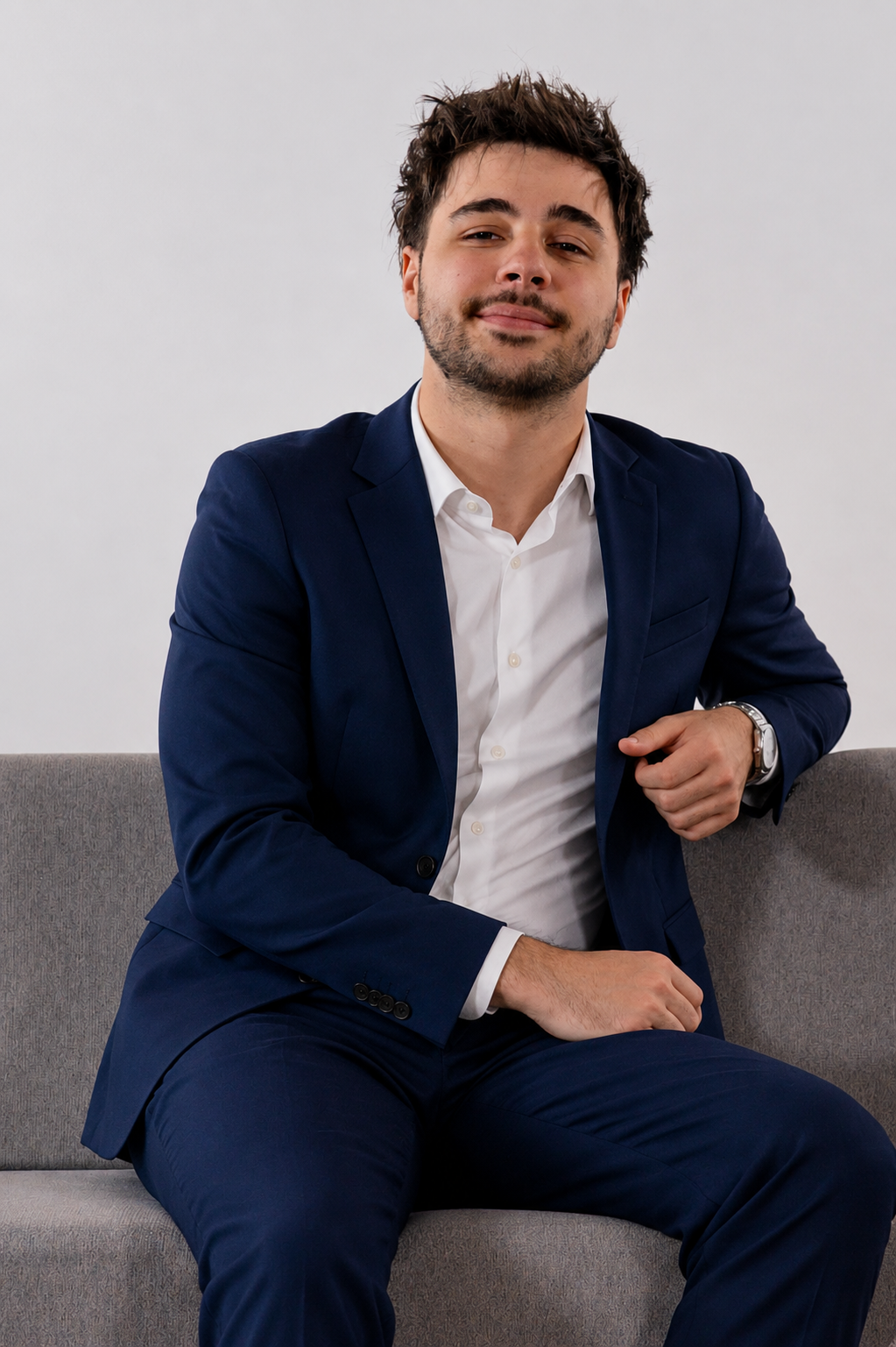 A young man with dark hair and facial hair, wearing a navy suit and white shirt, sitting on a gray sofa against a plain light background, smiling slightly, with his right hand resting on his lap and left hand adjusting his jacket.
