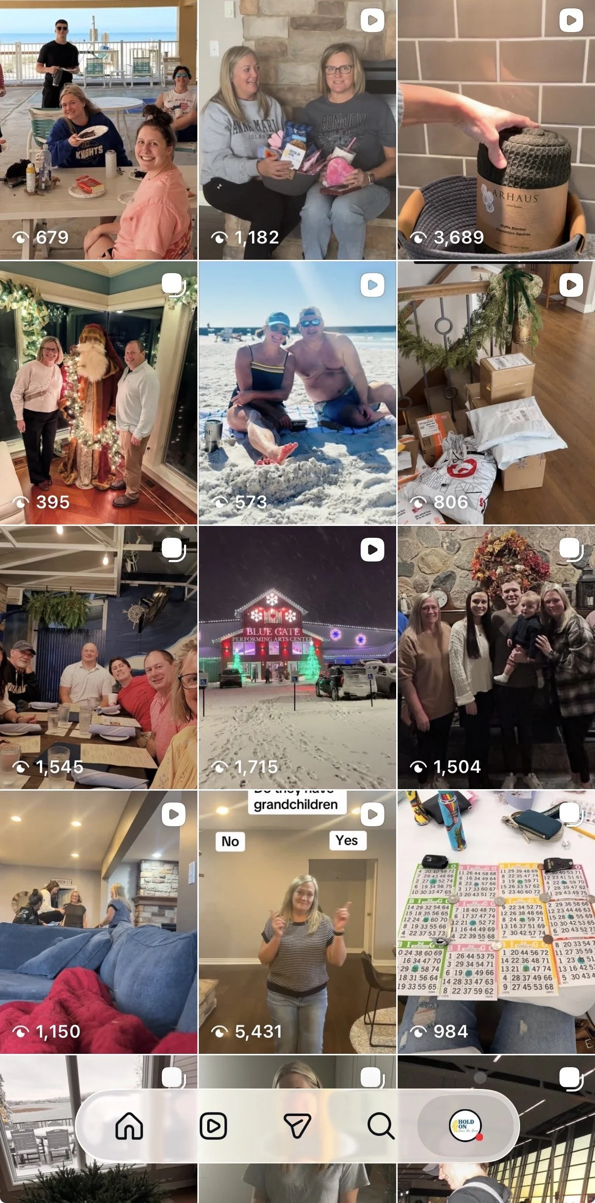 Collage of twelve images showing people at social gatherings, a beach trip, holiday decorations, a performance center, a Christmas event, family photos, a bingo game, and indoor activities.