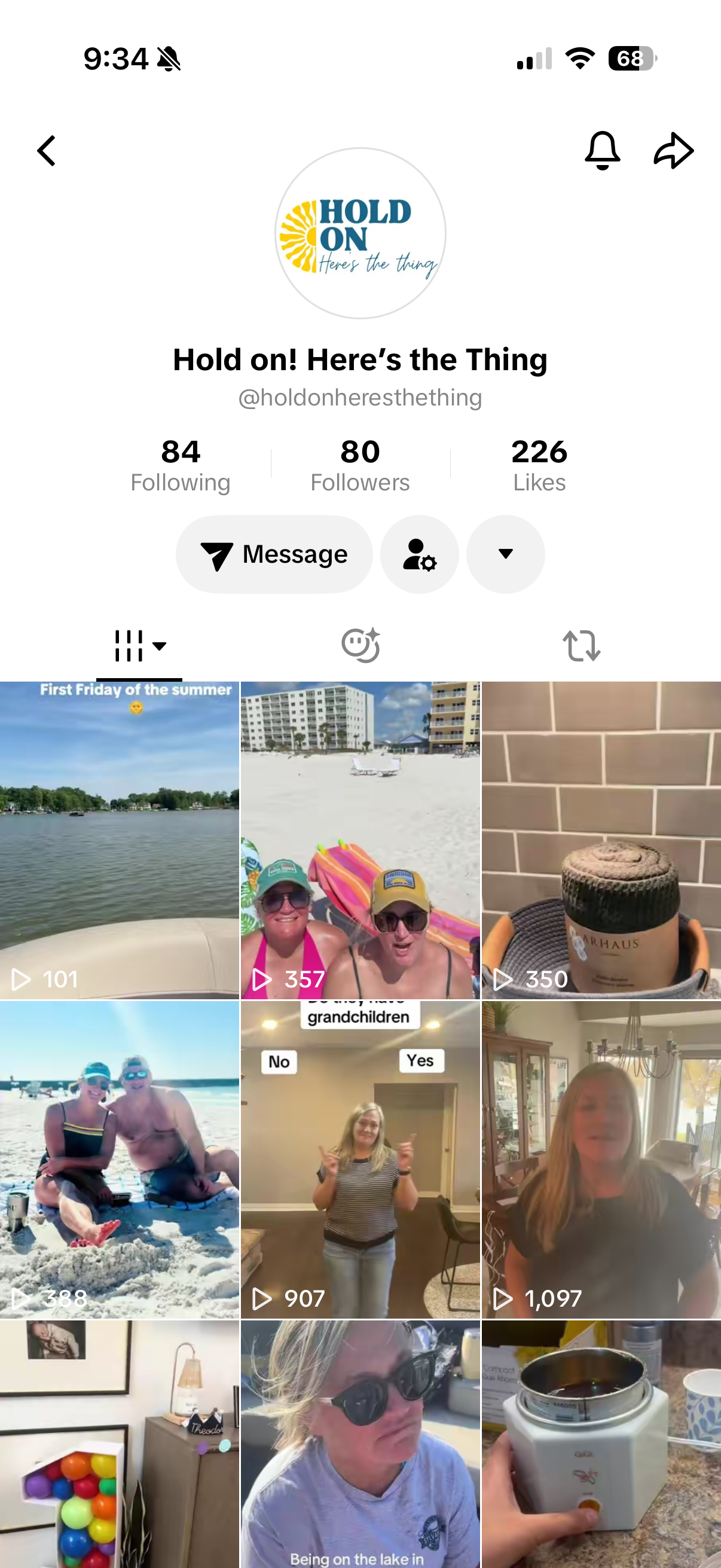 Screenshot of a social media profile page with a logo reading "HOLD ON Here's the thing," and multiple photos of people enjoying beach time and indoor activities.