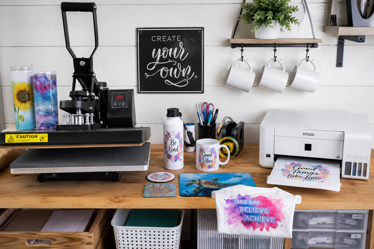 A work station with a heat press, Epson printer, and various printed items like mugs, coasters, and T-shirts with colorful designs and inspirational quotes, along with stationery and decorative items on the wall.