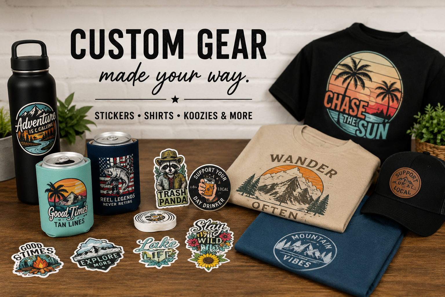 Display of custom merchandise including stickers, T-shirts, and a hat with outdoor and adventure themes, along with a water bottle and beverage cans on a wooden table.