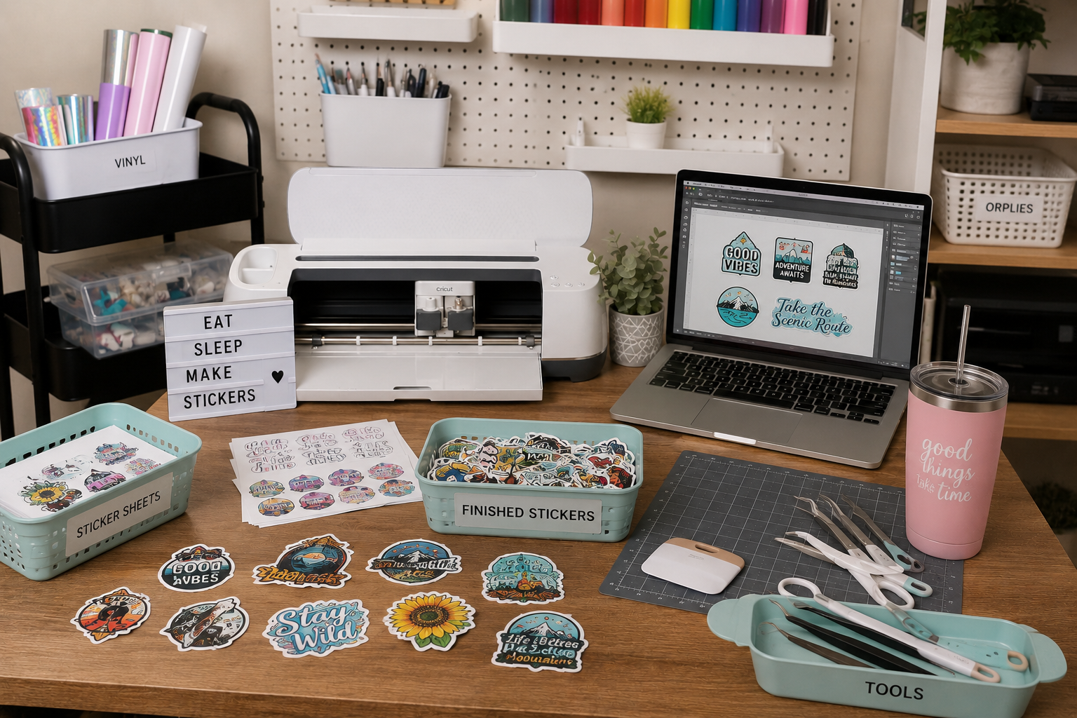 A craft workspace with a Cricut cutting machine, a laptop displaying sticker designs, various sticker sheets and finished stickers, scissors, tools, a tumbler with a straw, and organizing containers labeled for vinyl, stickers, and tools.