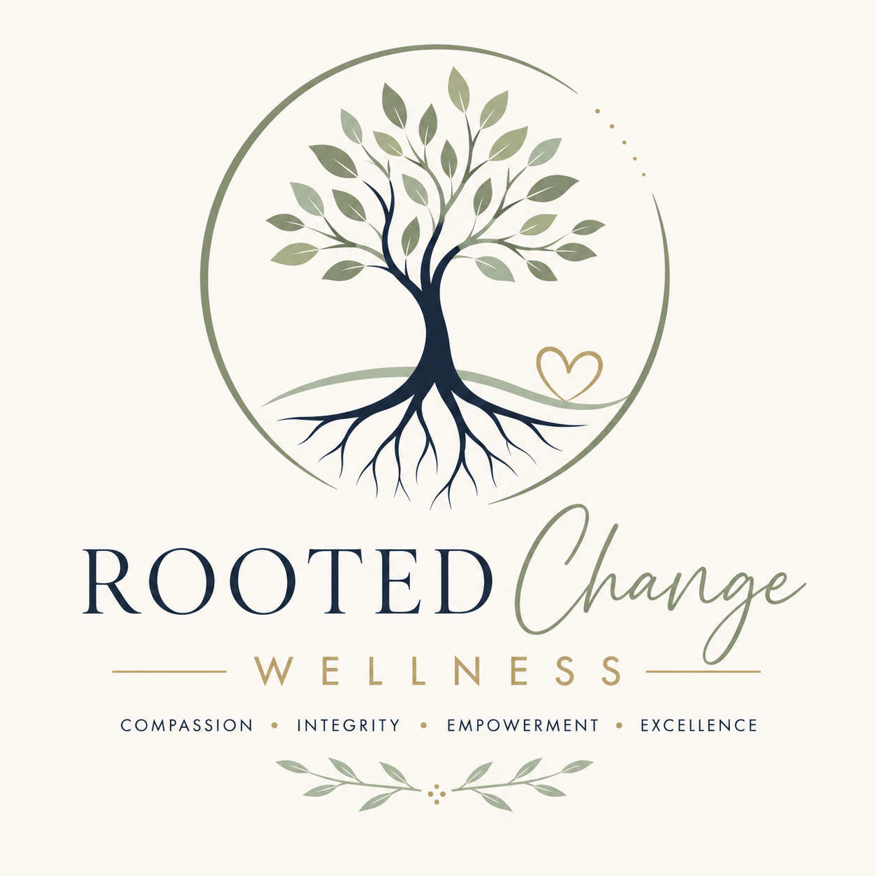 Logo for Rooted Change Wellness featuring a stylized tree with roots and branches inside a circle, a small heart near the roots, and text reading 'Rooted Change Wellness' with words 'Compassion, Integrity, Empowerment, Excellence' below.