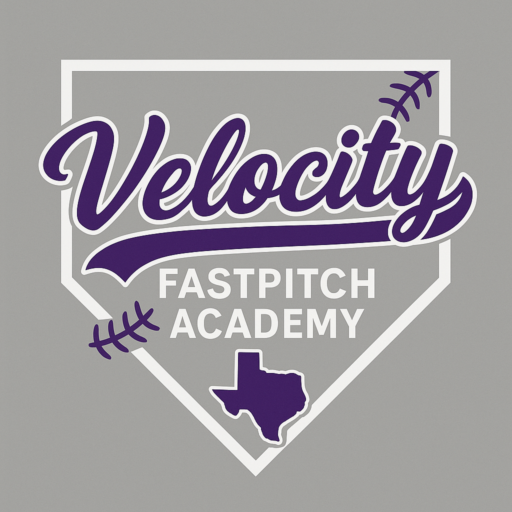 A logo with a theme featuring the word 'Velocity' in purple script, 'Fastpitch Academy' in gray capital letters, a purple outline of the state of Texas at the bottom, and two purple softball stitches, all inside a shield shape with a gray background.
