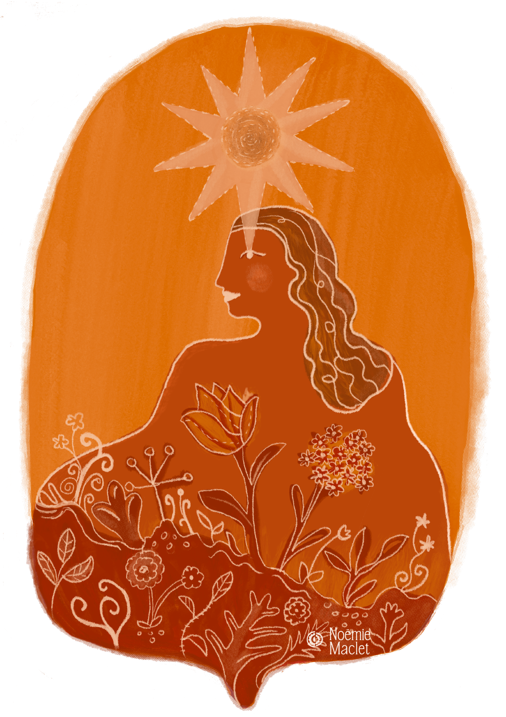 Illustration d'une femme entourée de fleurs, symbole de guérison intérieure, thérapie EMDR et psychotraumatisme à Marseille, approche féministe