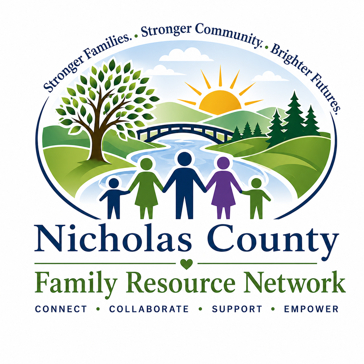 Logo of Nicholas County Family Resource Network showing a family holding hands by a river with trees, hills, and a sunrise, surrounded by the text 'Stronger Families, Stronger Community, Brighter Futures' and the words 'Connect, Collaborate, Support, Empower'.