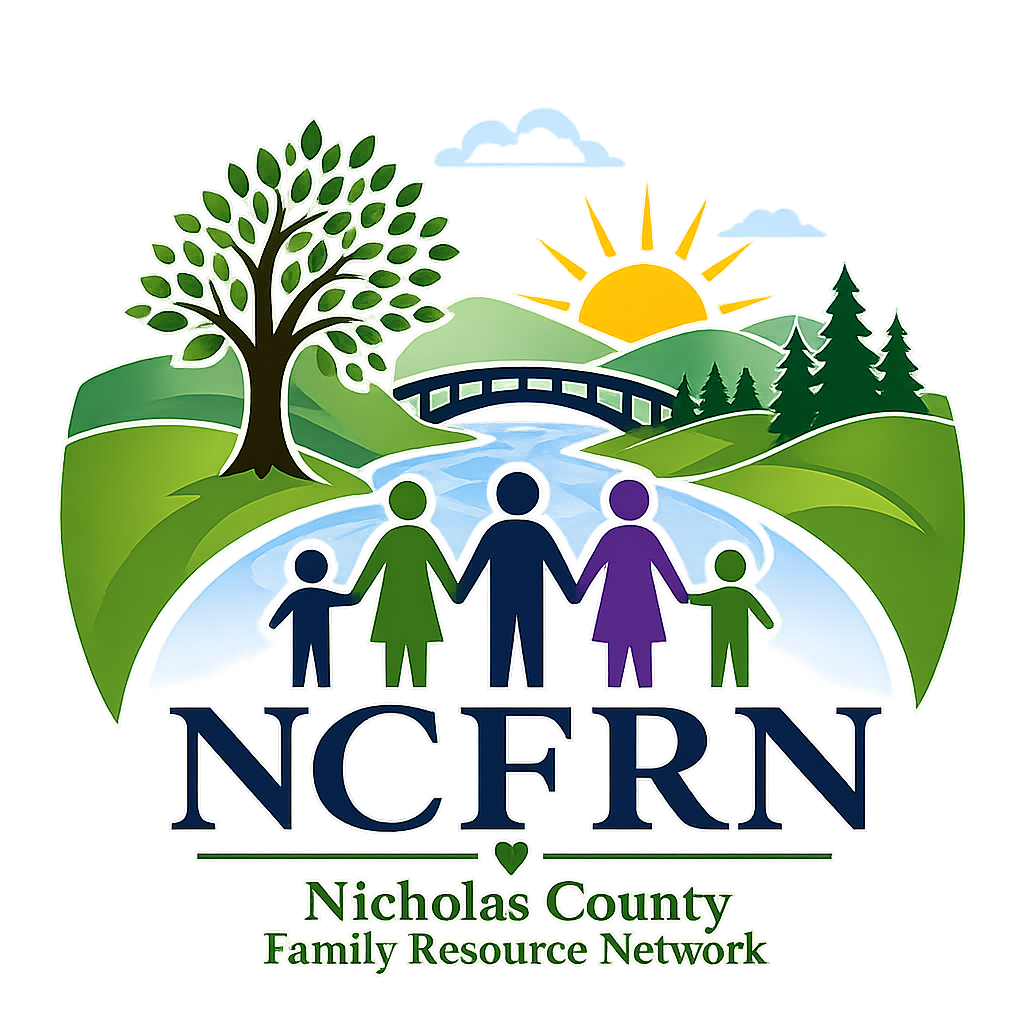 Logo for NCFRN (Nicholas County Family Resource Network) featuring a stylized natural landscape with a sun rising over hills, a river, a bridge, a tree, and a family of five holding hands in the foreground.
