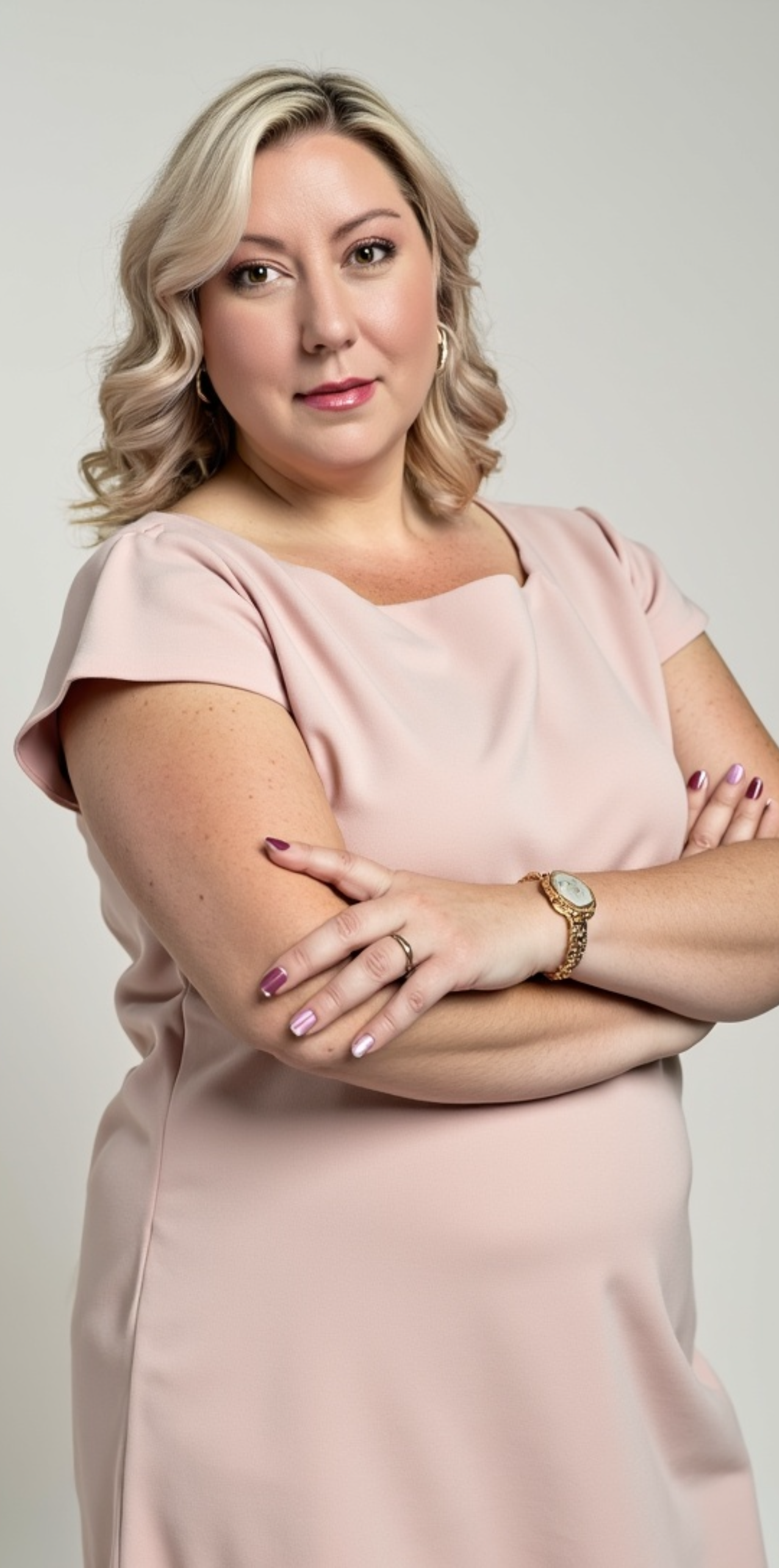 A woman with shoulder-length blonde hair styled in loose waves, wearing a pale pink dress with cap sleeves, against a plain light gray background. This is Ashley D'Amico, owner, counselor, and safe space at Nurturing Wellness Counseling.