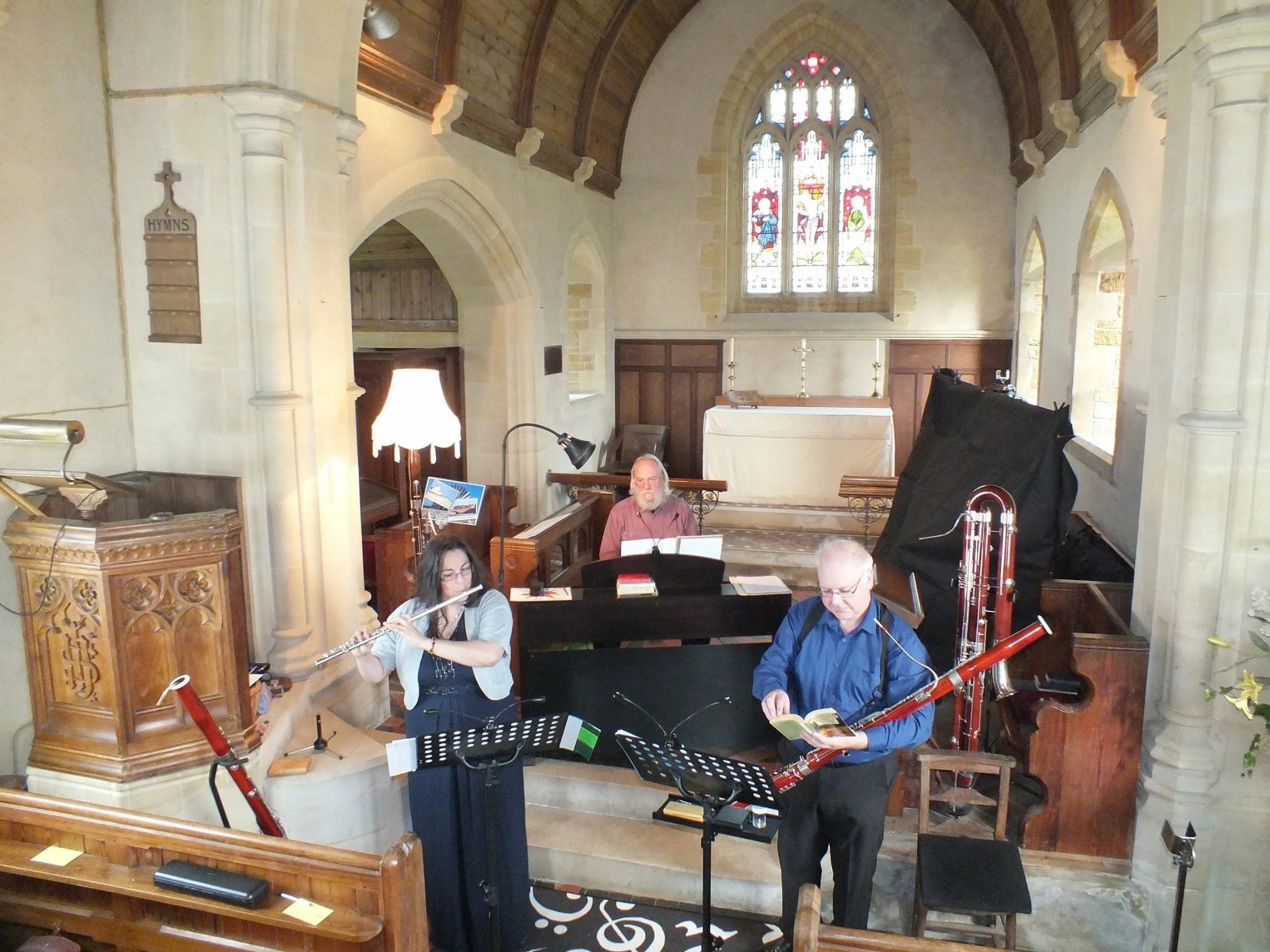 Katy, Miles and Richard playing at Beer Hackett church