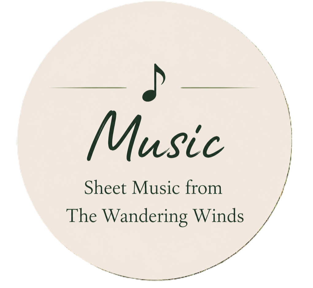 A circular label with the word 'Music', a musical note, and the text 'Sheet Music from The Wandering Winds' on a beige background.